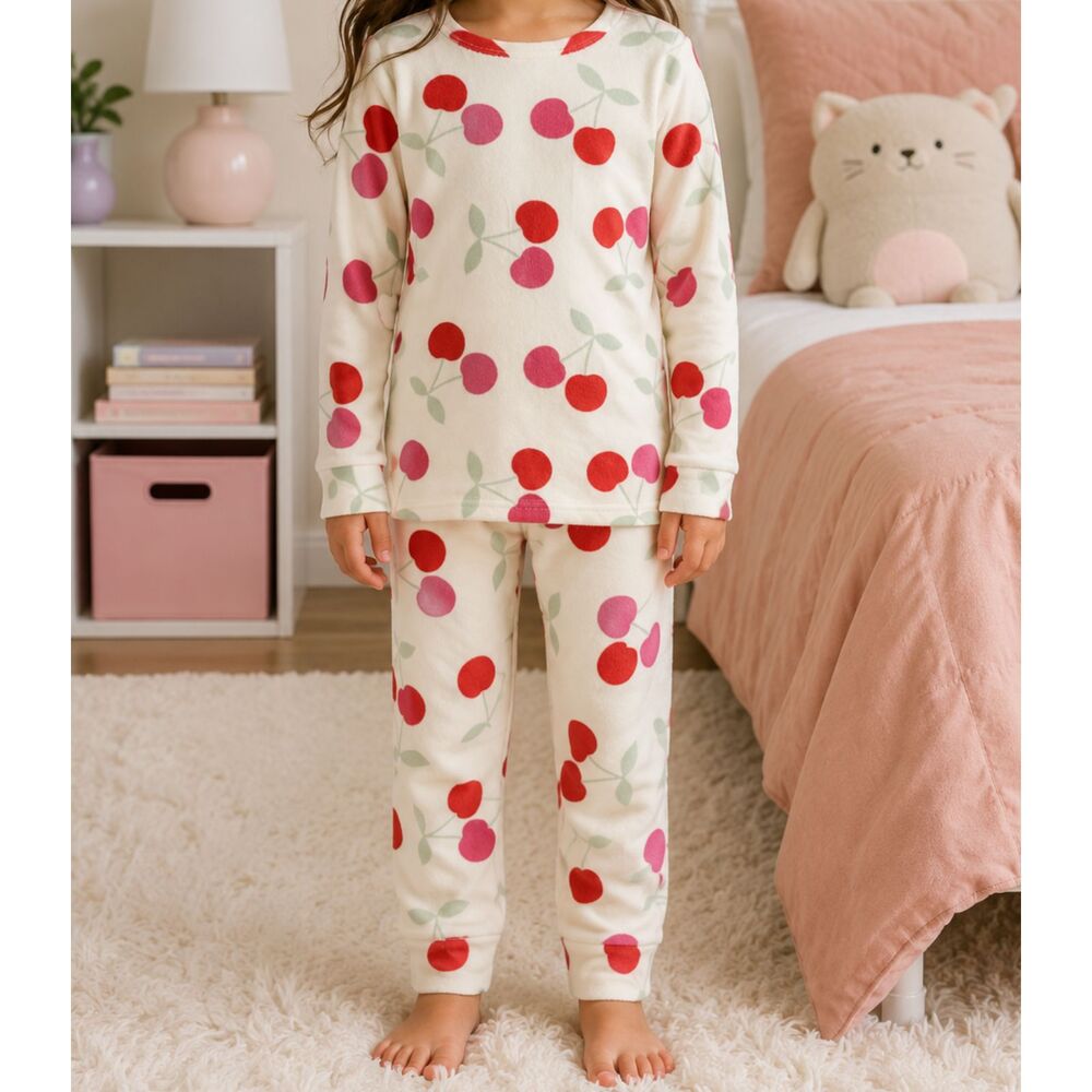 NWT Cat & Jack Girls 5T Cherry Velour Pajama Set Cream Pink Red Soft Cozy #X
